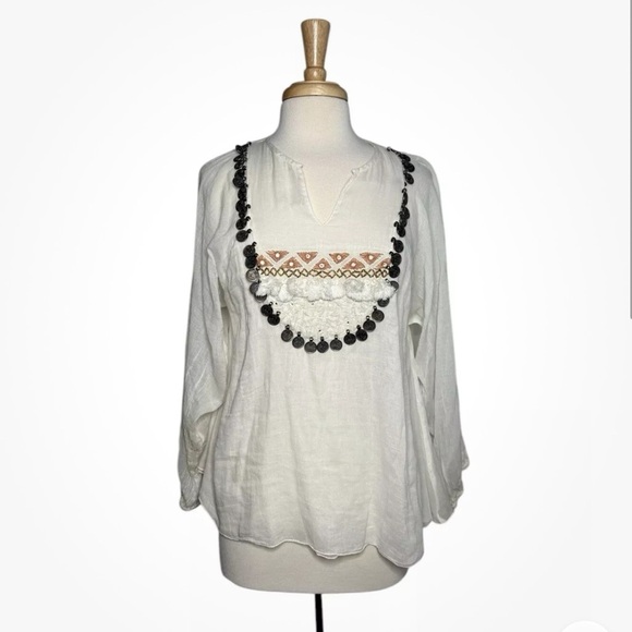 Mes Demoiselles Paris Boho Beaded Coin Cotton Summer Off White Top Size 6 - Picture 1 of 7